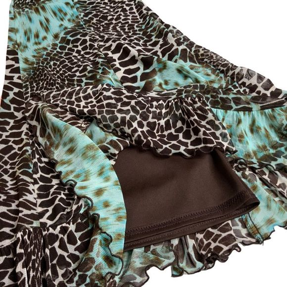 JOSEPH RIBKOFF Turquoise with Dark Brown Leopard Print Ruffle Hem Skirt Sz 16 - Picture 5 of 5